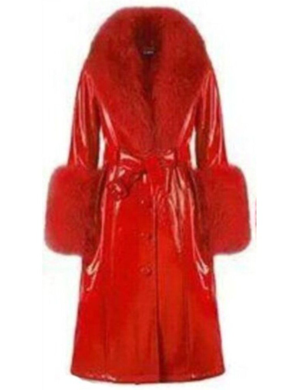 💥SHOWSTOPPER💥Leather Coat with Oversized Fur Collar in Shiny Scarlet Red
